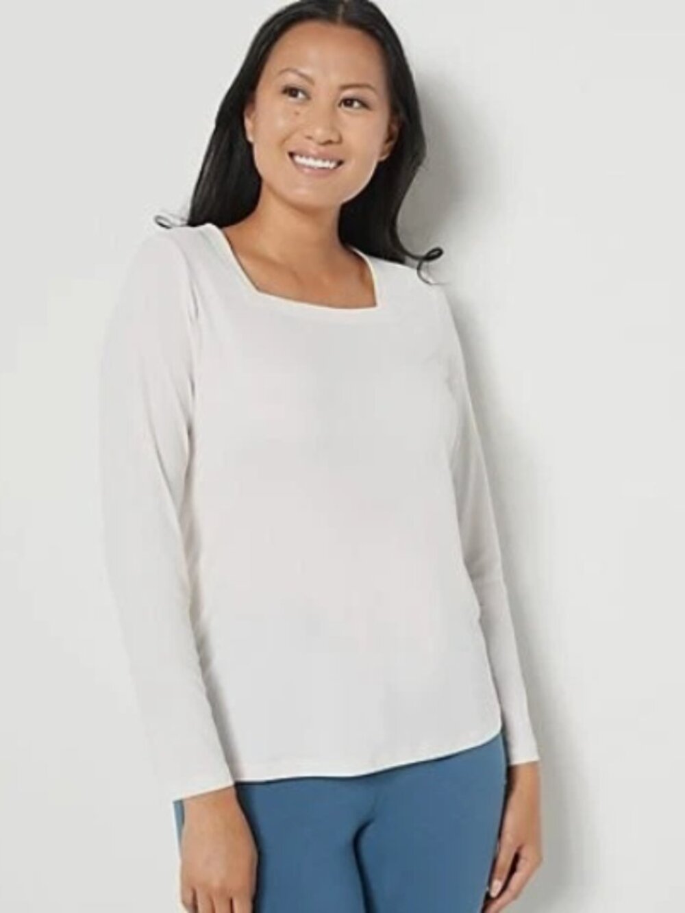 Susan Graver Modern Essntls Liquid Knit Square Neck Top-Ivory-Small-NEW-A463113